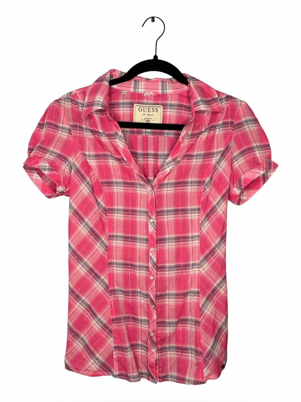 Guess Vintage Metallic Pink Short Sleeve Plaid Button Up Shirt Size M